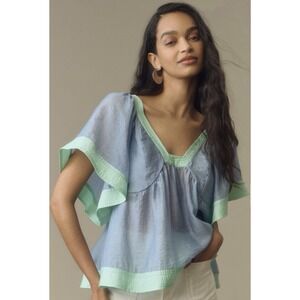 Anthropologie Women's Light Blue & Green Colorblock Babydoll Top Size M